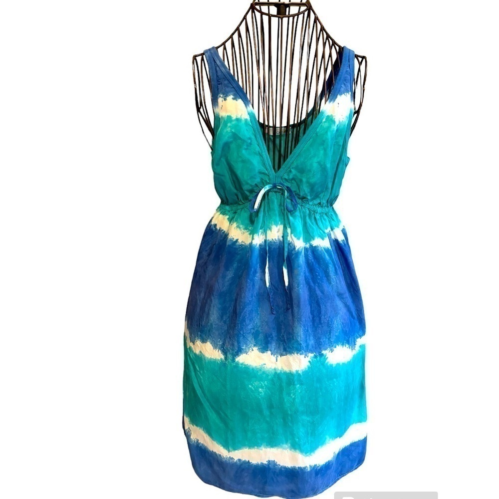 C&C California turquoise, blue, and white silk tie-dye dress
